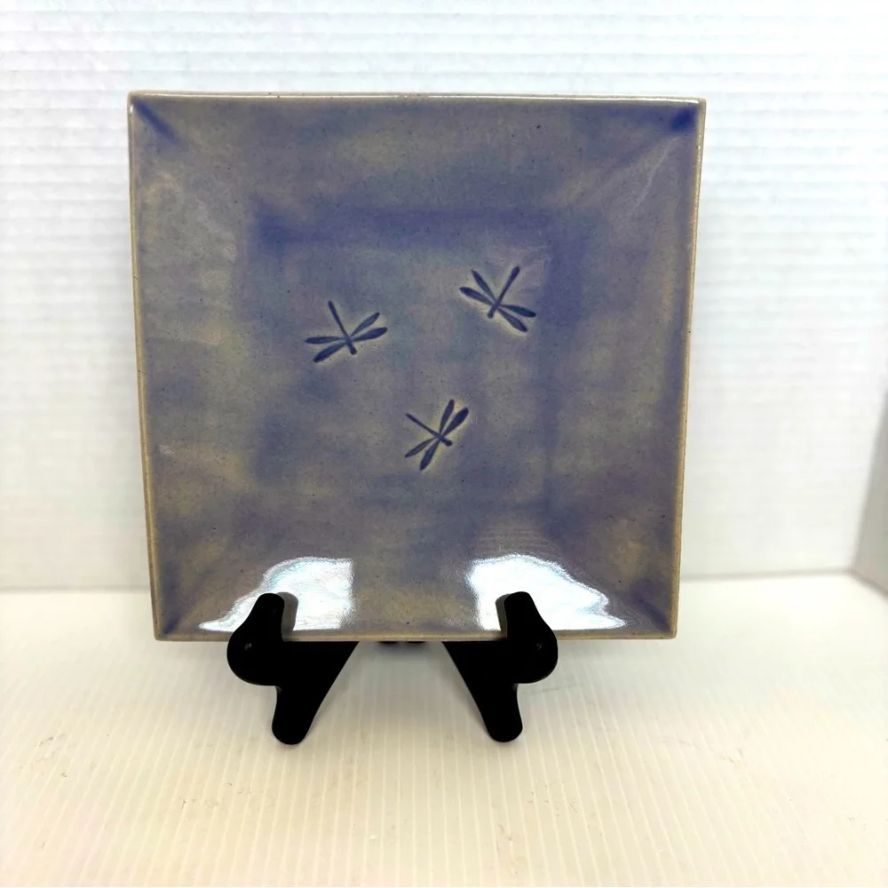 Earthenware Artisan Pottery dragonfly Dish Plate Square Purple Gray Signed